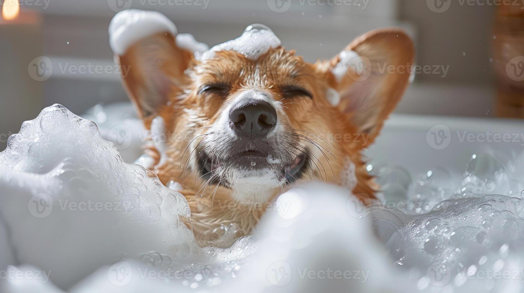 Happy corgi enjoying a bubble bath in a cozy bathroom with soft lighting and candles photo