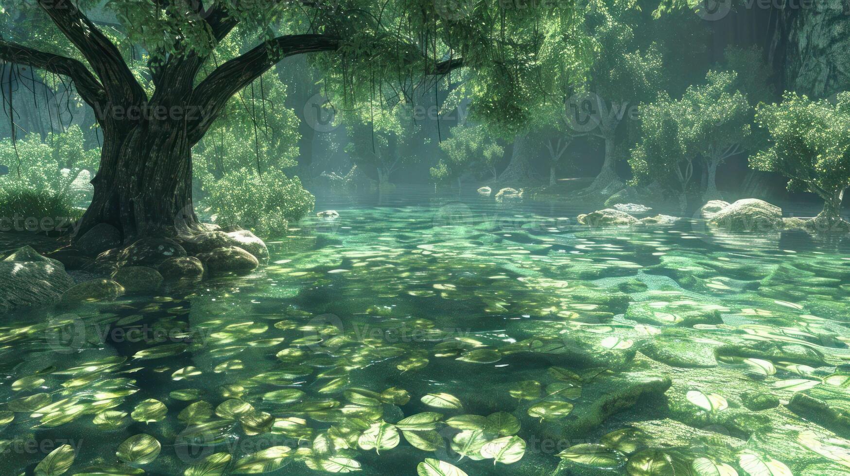 Serene forest scene with a tranquil pond, surrounded by lush greenery and soft mist photo