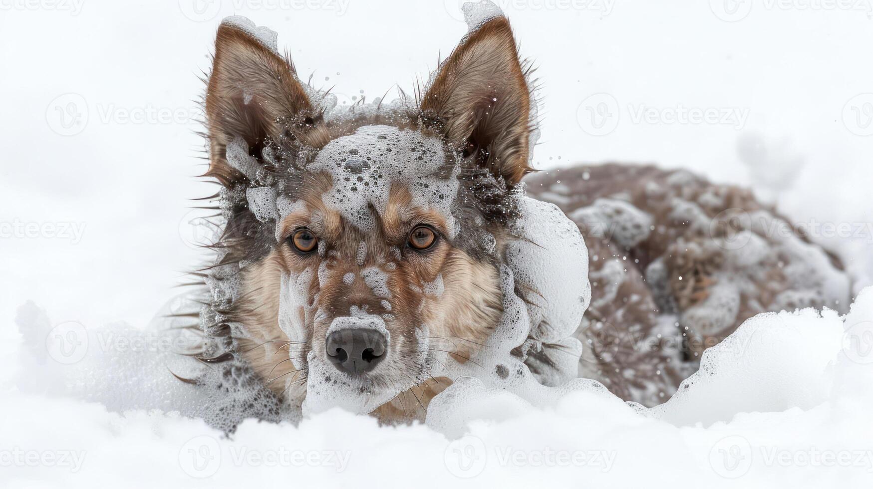 Dog covered in bubbles playing in the snow, with a winter landscape in the background photo