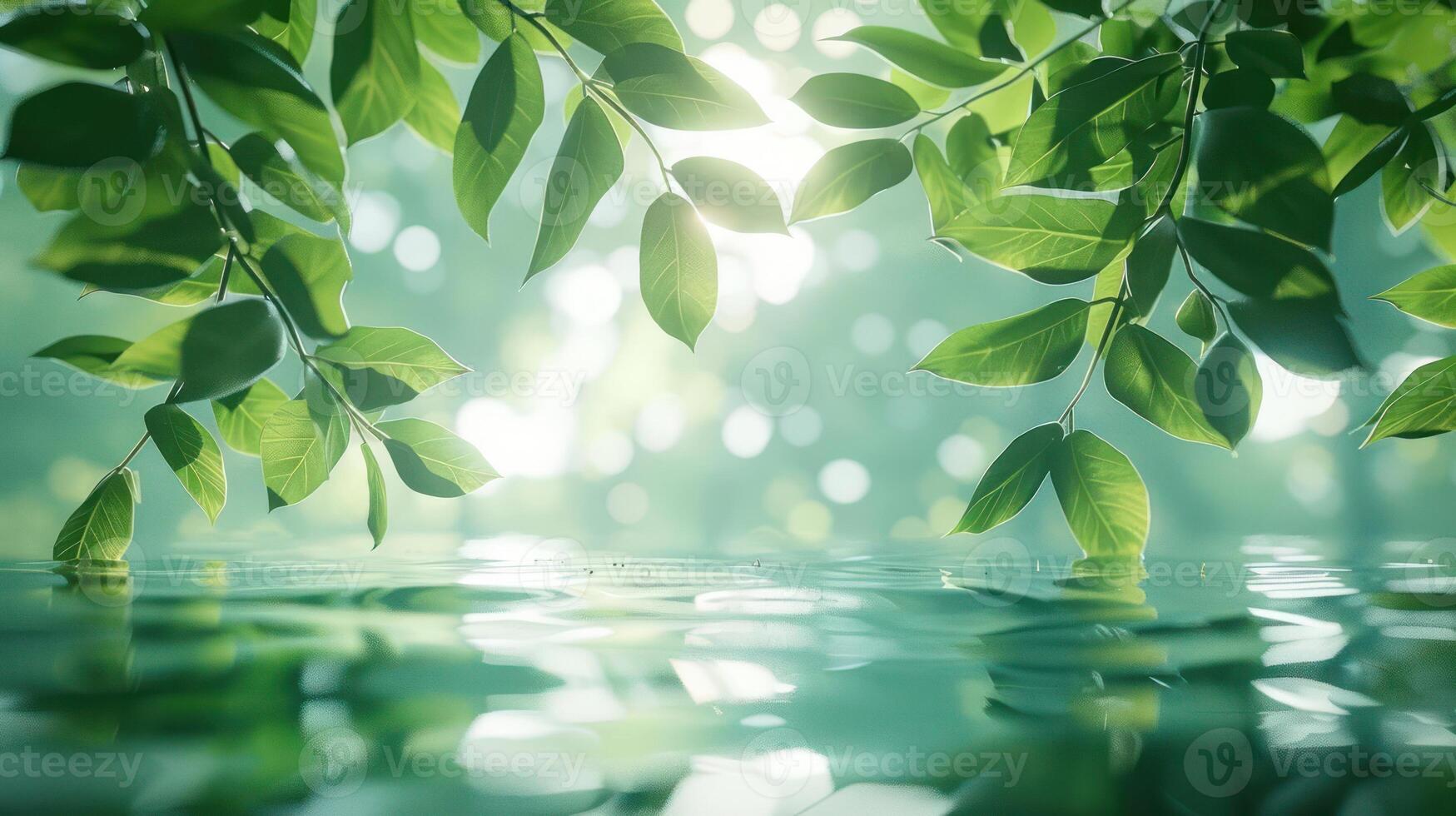 Lush green leaves reflecting on serene water surface, with soft sunlight and bokeh background photo