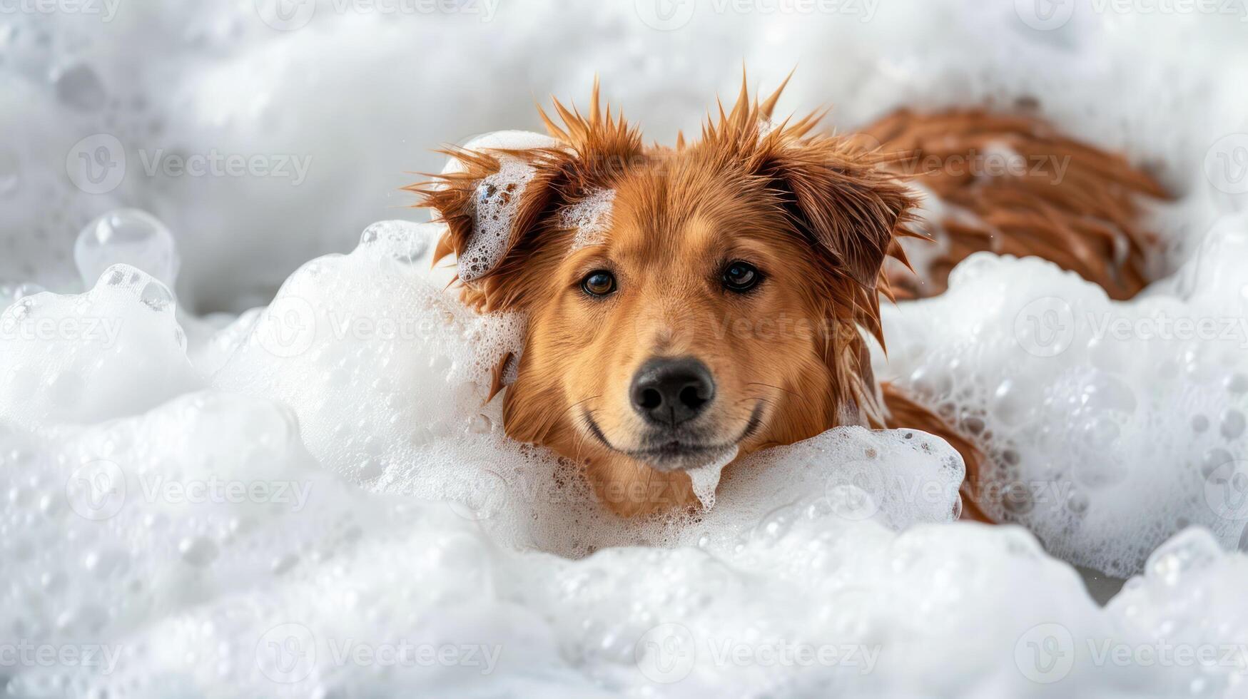 Golden retriever puppy playfully submerged in soapy bubbles during bath time at home photo