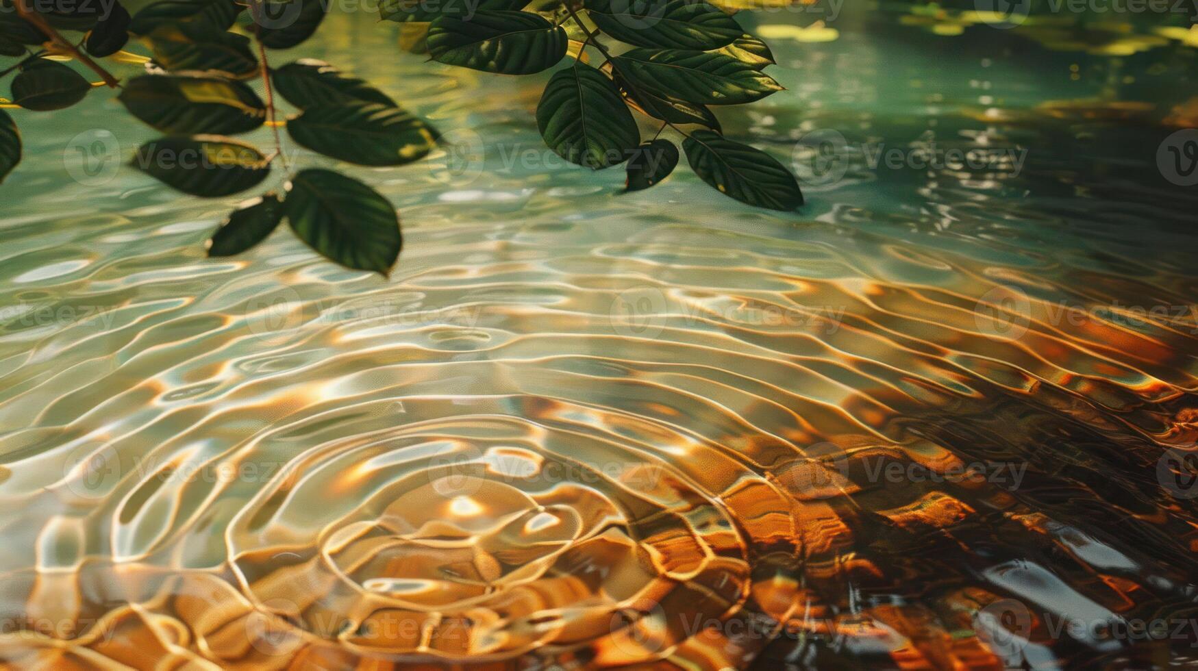Serene water surface reflecting sunlight, surrounded by lush green leaves, creating a tranquil atmosphere photo