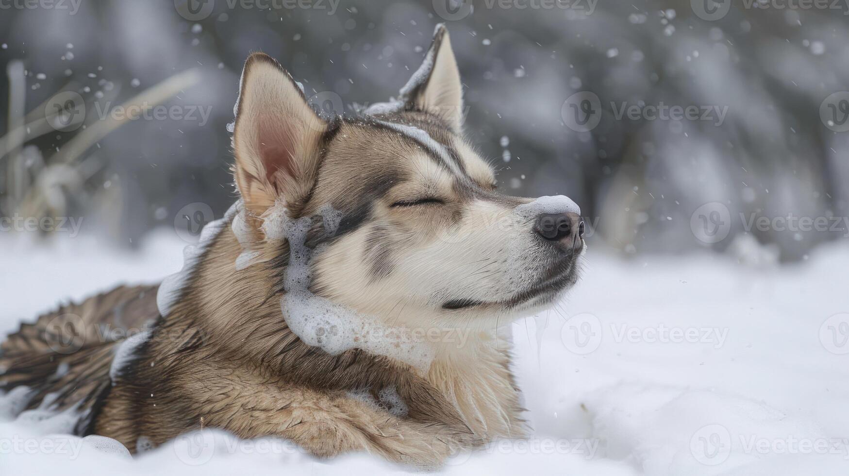 A serene husky enjoying a snowy landscape, surrounded by falling snowflakes in nature photo