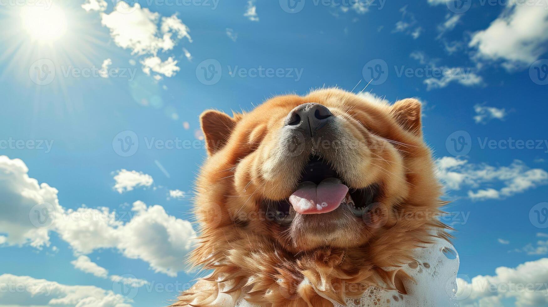 Happy Chow Chow dog with a bright sky and fluffy clouds in the background, enjoying the outdoors photo