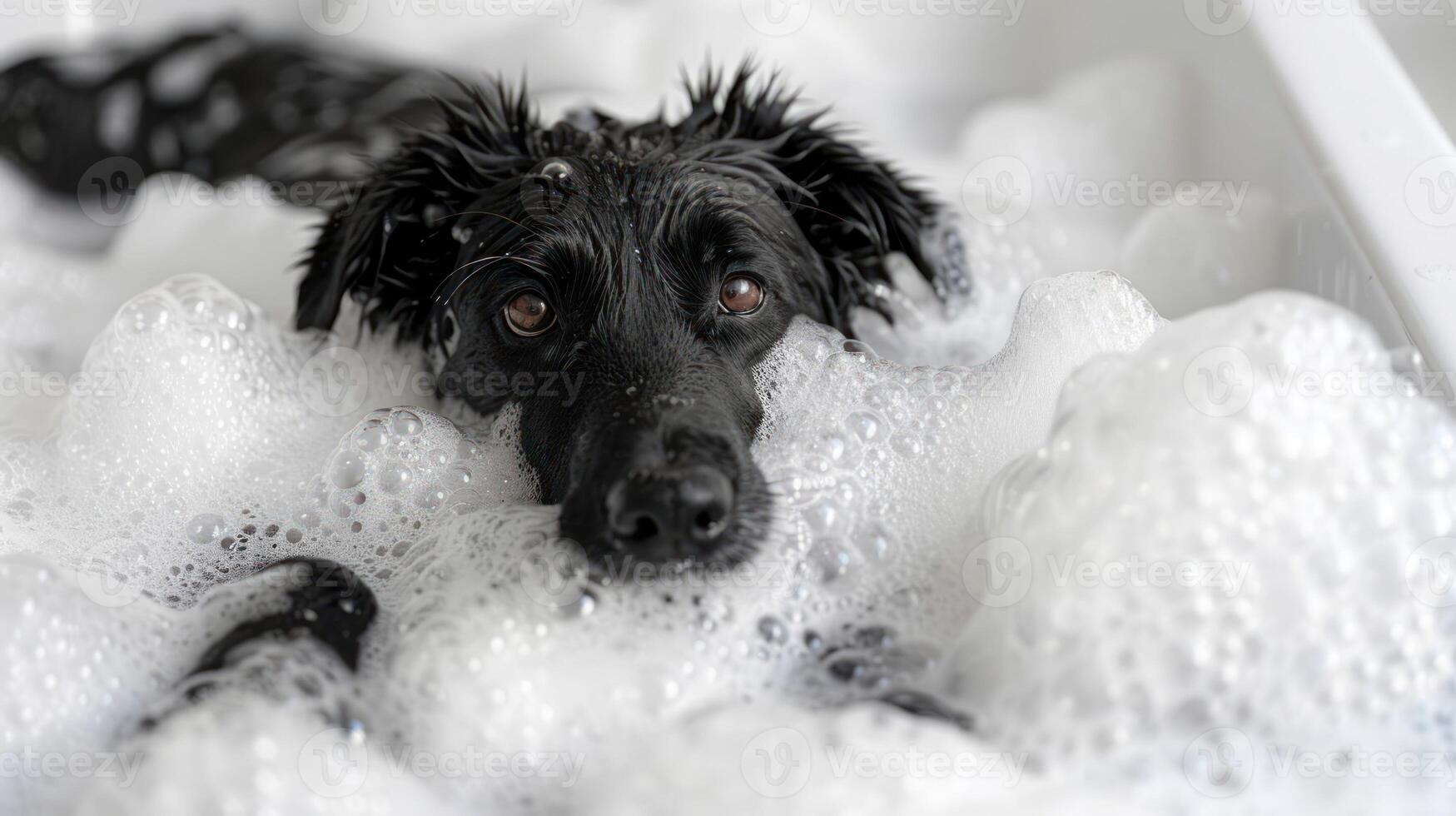 Black dog enjoying a bubble bath in a bright bathroom, with playful bubbles surrounding it photo