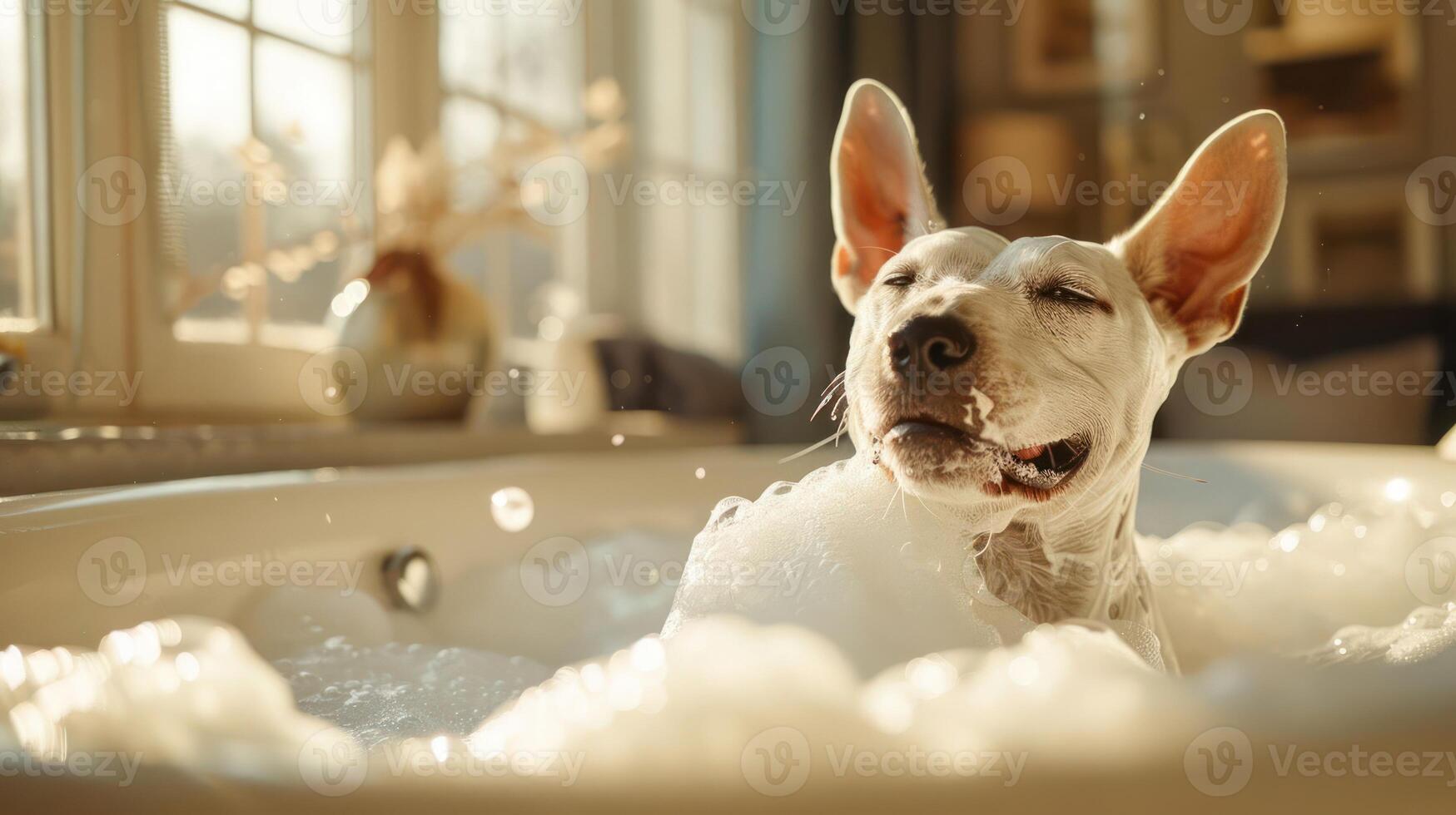 Playful dog enjoying a bubble bath in a sunlit bathroom with cozy decor and soft towels photo