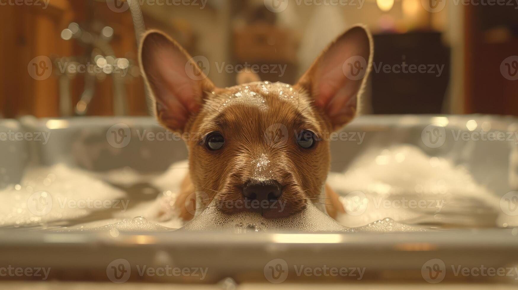Playful puppy enjoying a bubble bath in a cozy bathroom with warm lighting and wooden accents photo