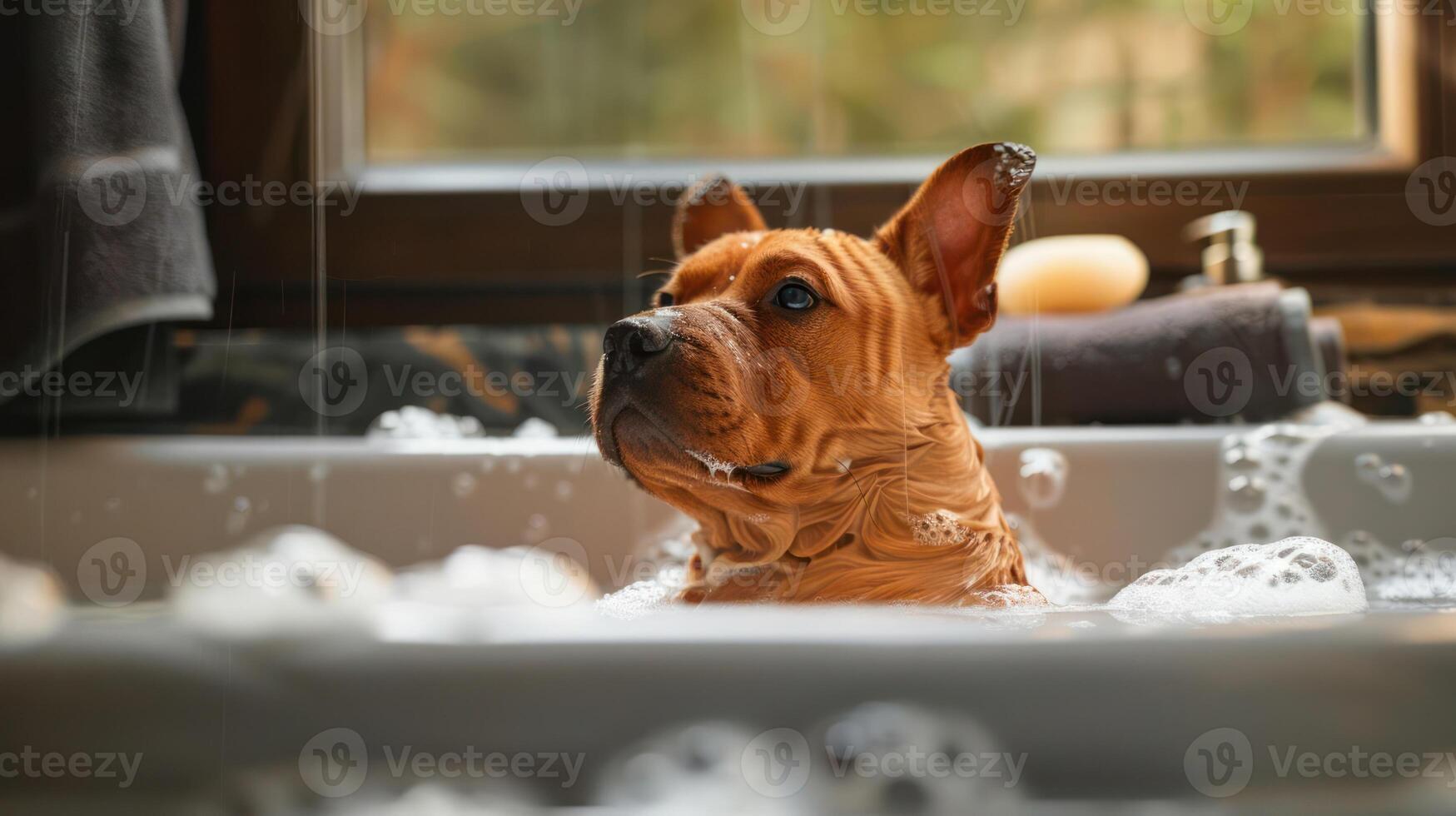 Dog enjoying a relaxing bubble bath in a cozy bathroom with natural light and soft decor photo