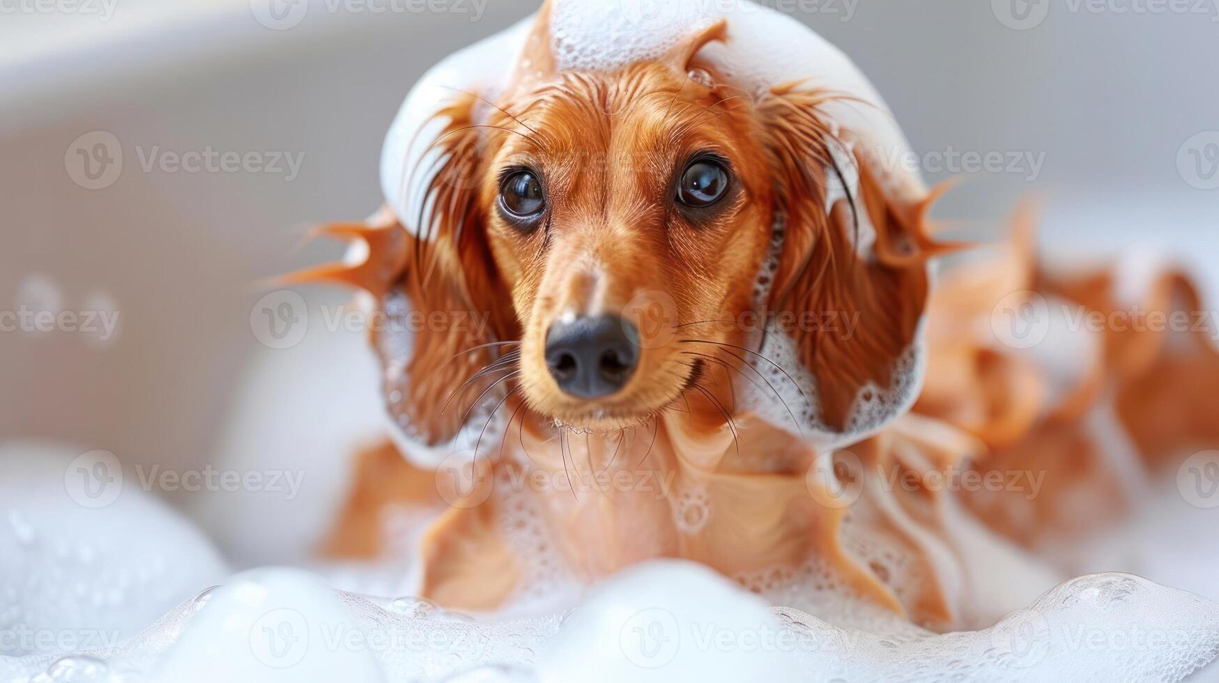 Adorable dachshund puppy enjoying a bubbly bath in a bright, clean bathroom setting photo