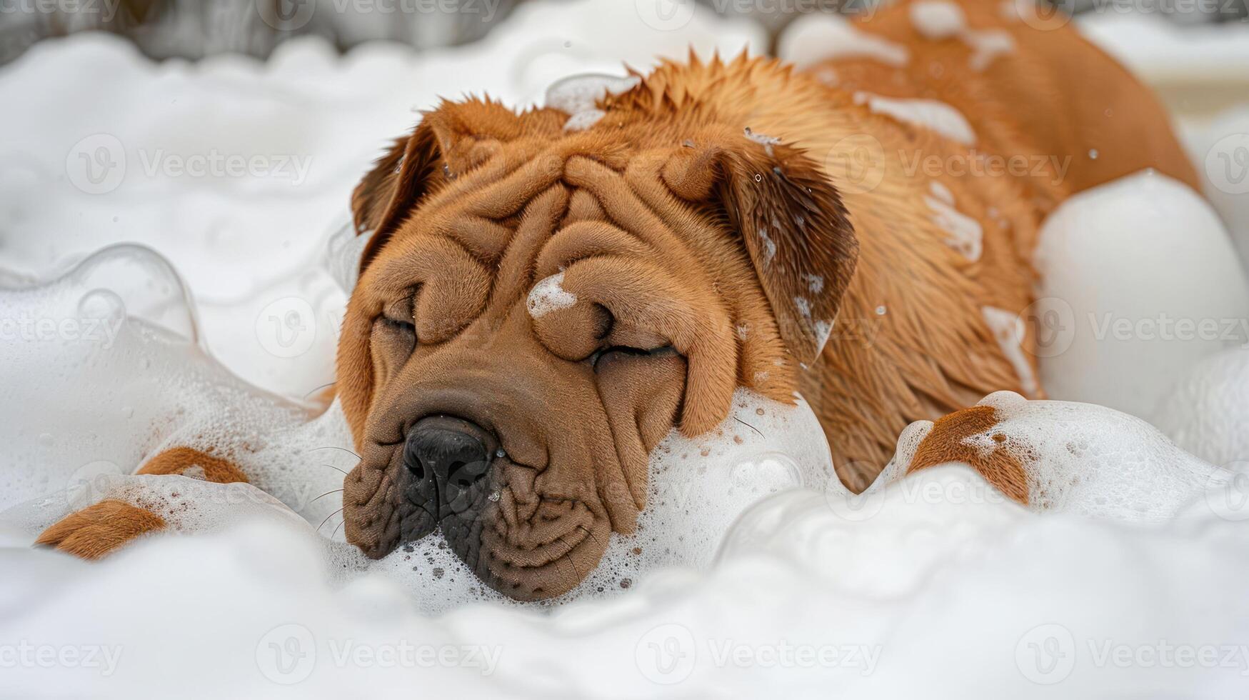 A relaxed Shar Pei dog enjoying a bubble bath outdoors, with soft foam surrounding it photo
