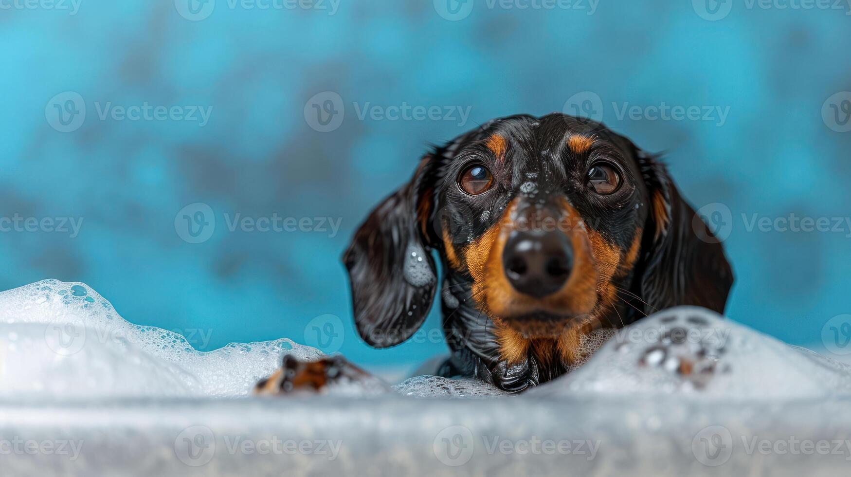 Playful dachshund enjoying a bubbly bath in a bright blue setting with soft background photo