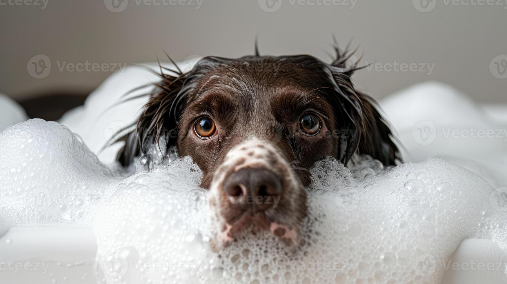 Dog enjoying a bubbly bath in a cozy indoor setting with soft lighting and a relaxed atmosphere photo