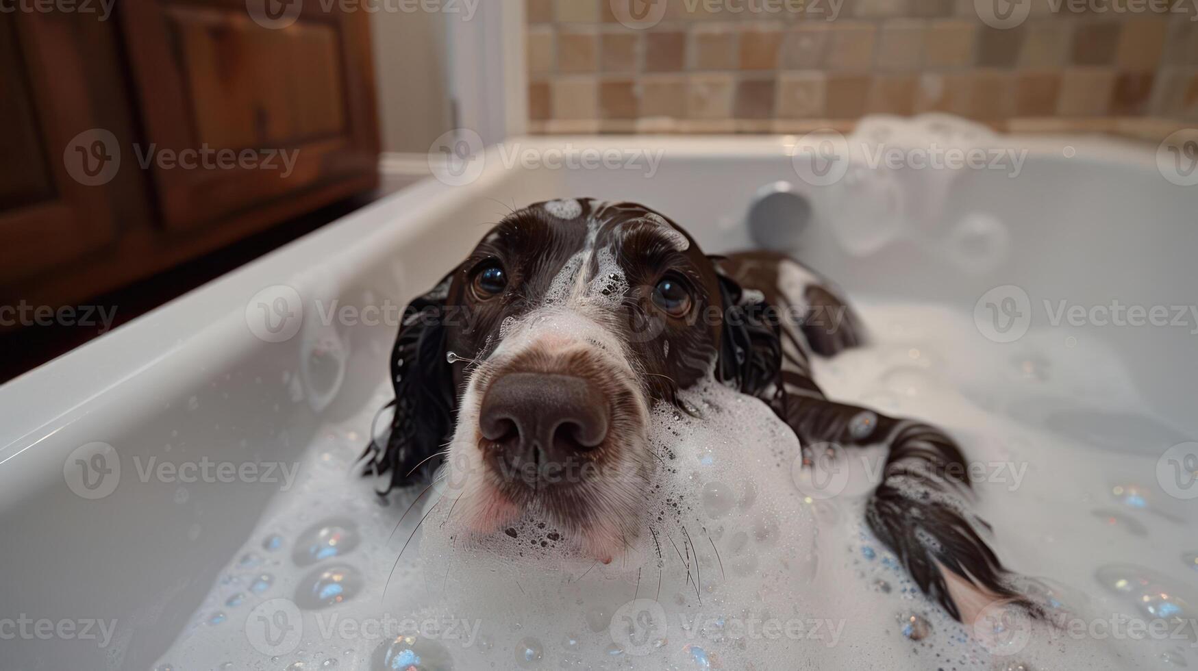 A playful dog enjoying a bubble bath in a cozy bathroom with tiled walls and warm lighting photo
