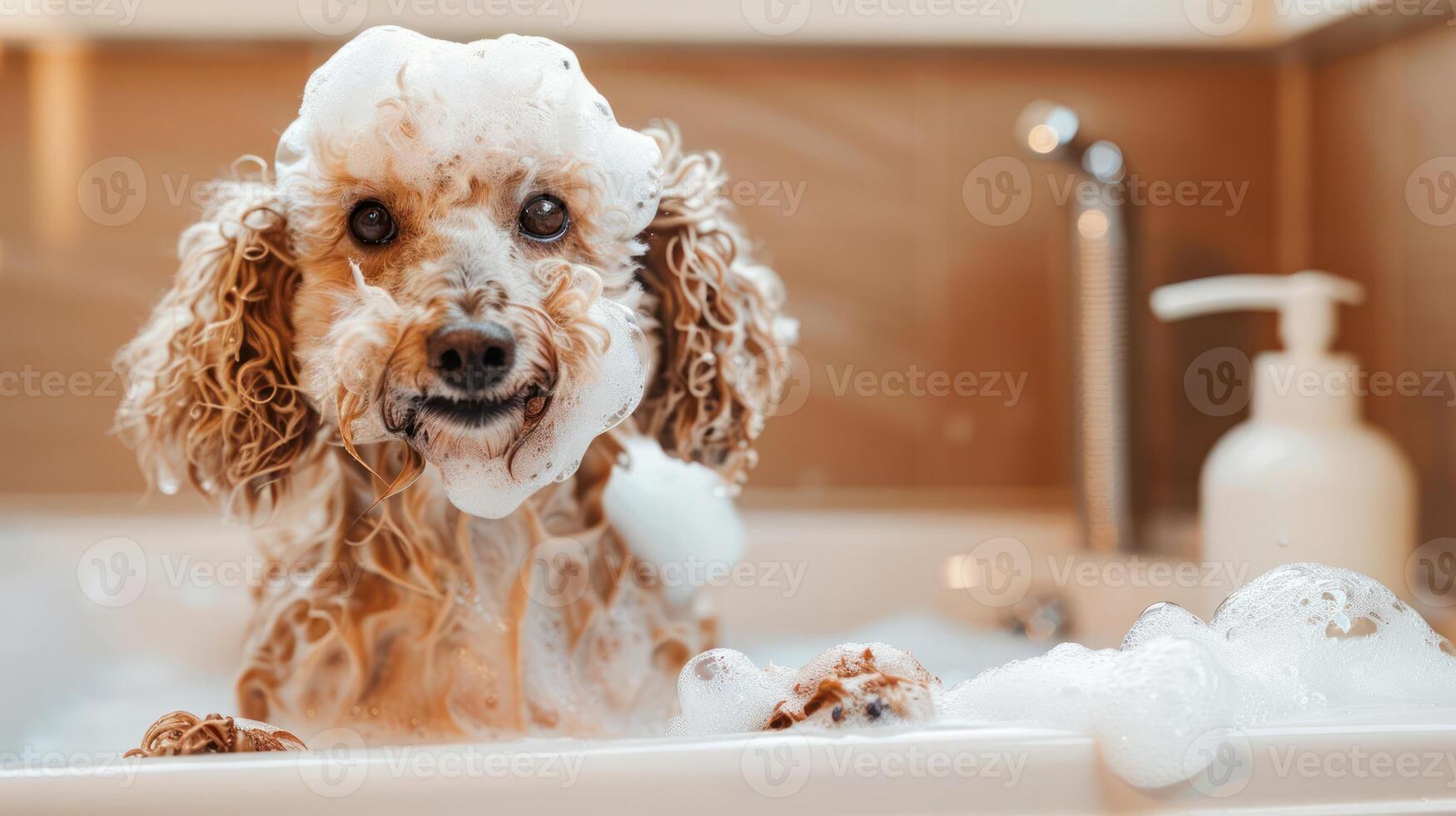 A playful dog enjoying a bubbly bath in a bright bathroom with soap suds and a cheerful atmosphere photo