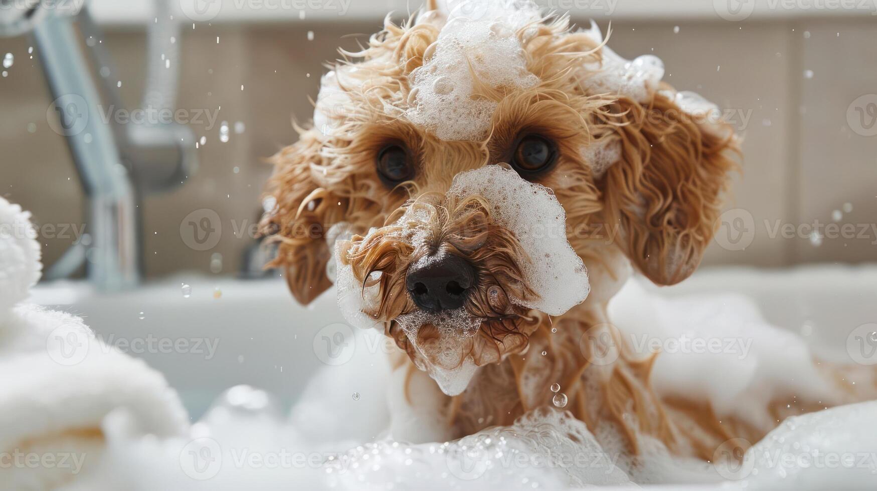 Adorable dog enjoying a bubbly bath in a cozy bathroom setting with soft towels nearby photo
