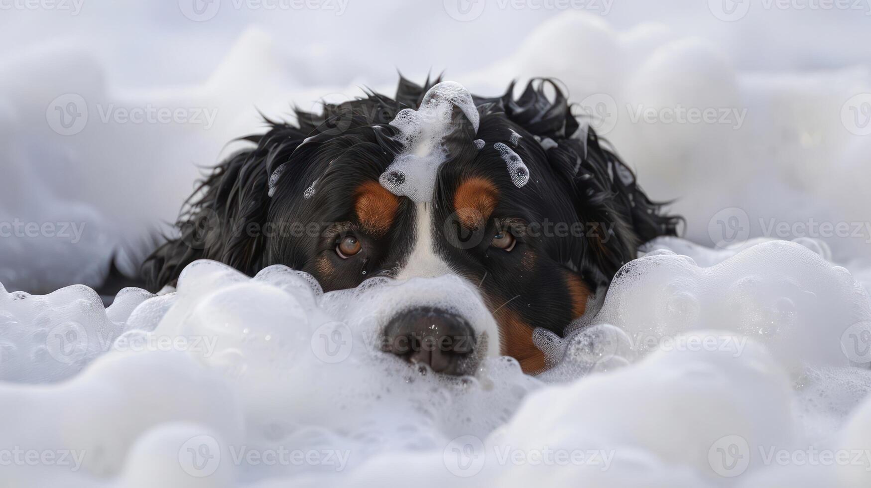 A playful dog enjoying a bubble bath, surrounded by foamy suds in a bright bathroom setting photo