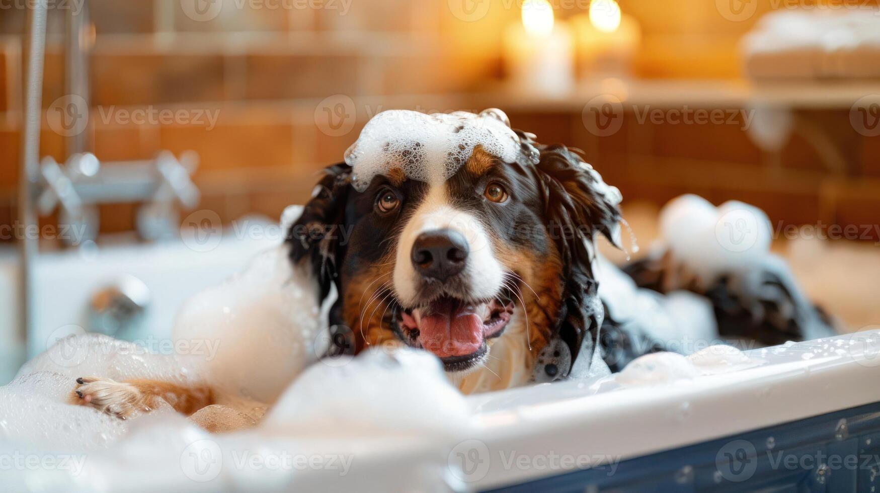 Happy dog enjoying a bubble bath in a cozy bathroom with warm lighting and tiles photo