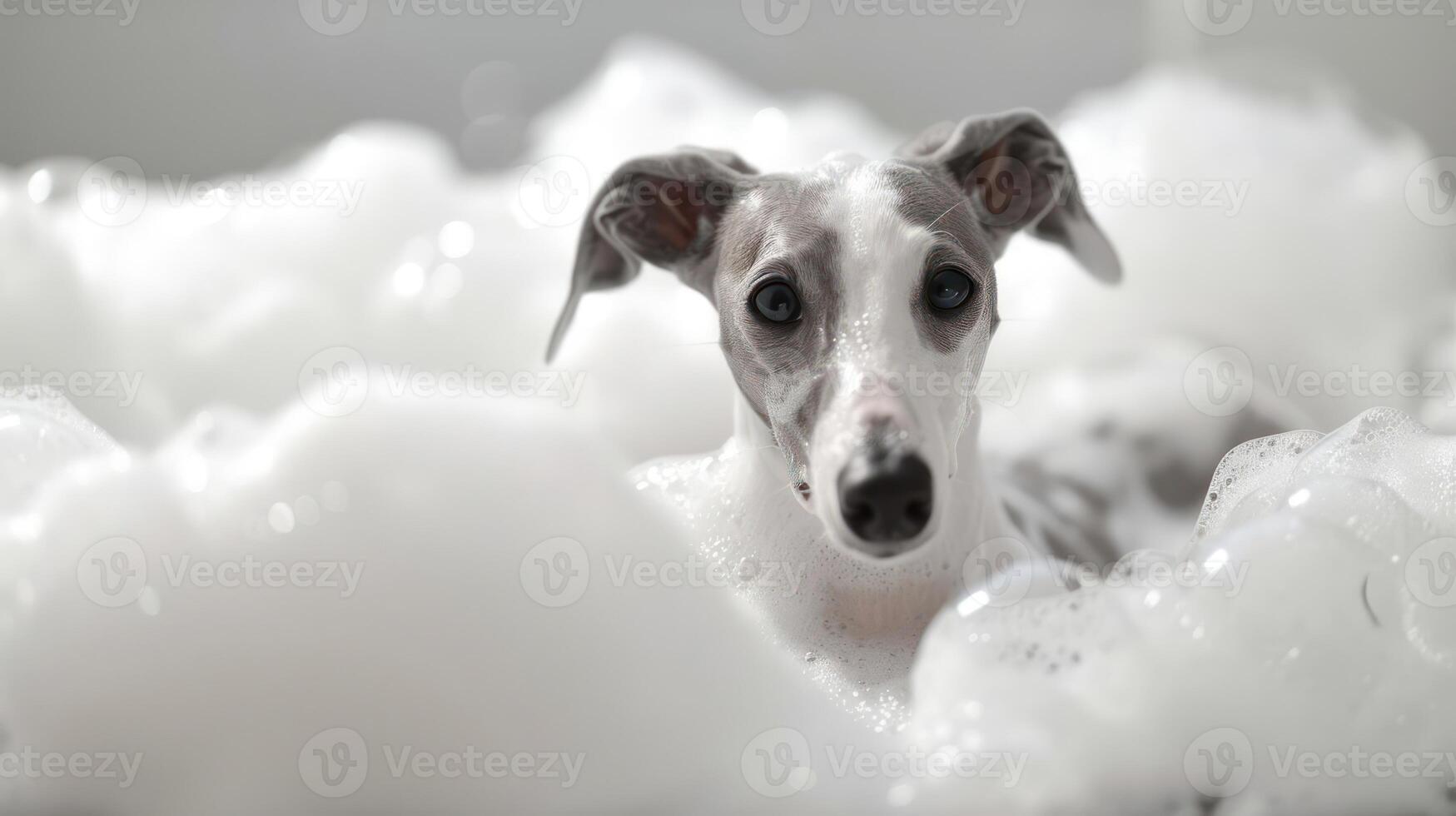 A playful dog enjoying a bubble bath, surrounded by frothy bubbles, in a bright bathroom setting photo