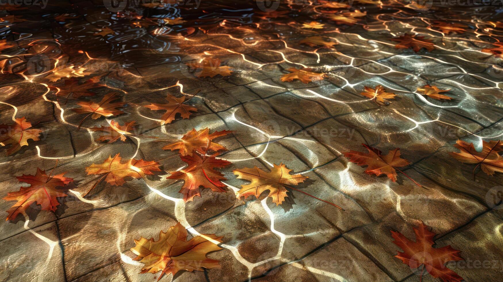 Autumn leaves floating on a tranquil water surface with light reflections in a serene setting photo