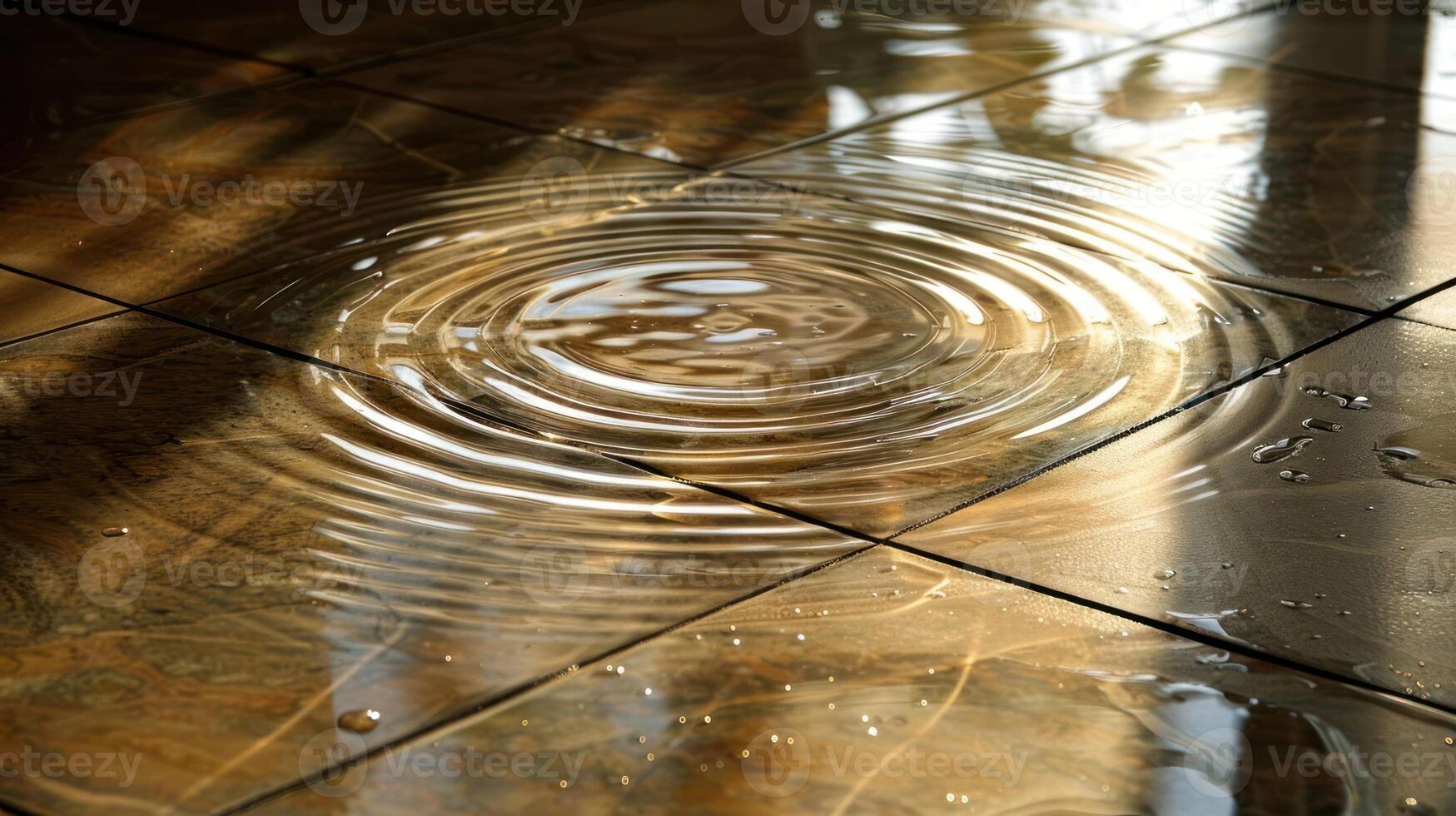 Close-up of rippling water on a glossy tiled floor reflecting warm sunlight in a serene indoor setting photo