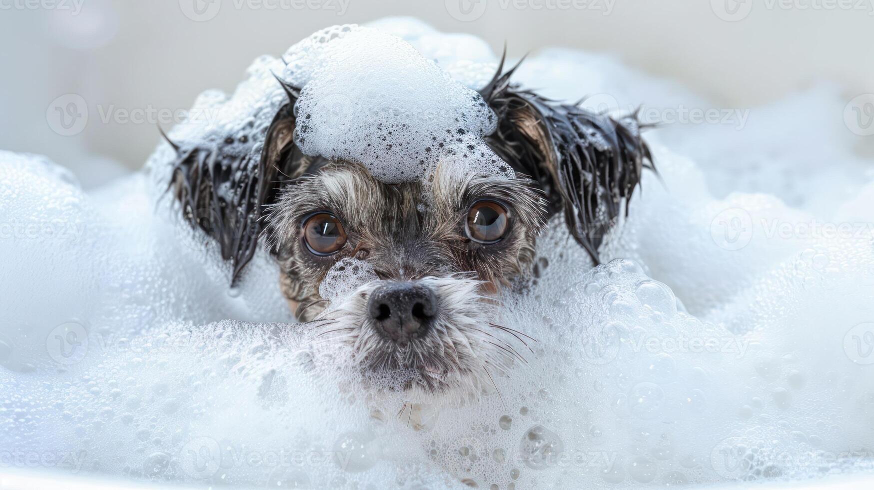 A small dog enjoying a bubbly bath, with foam covering its head, in a bright bathroom setting photo