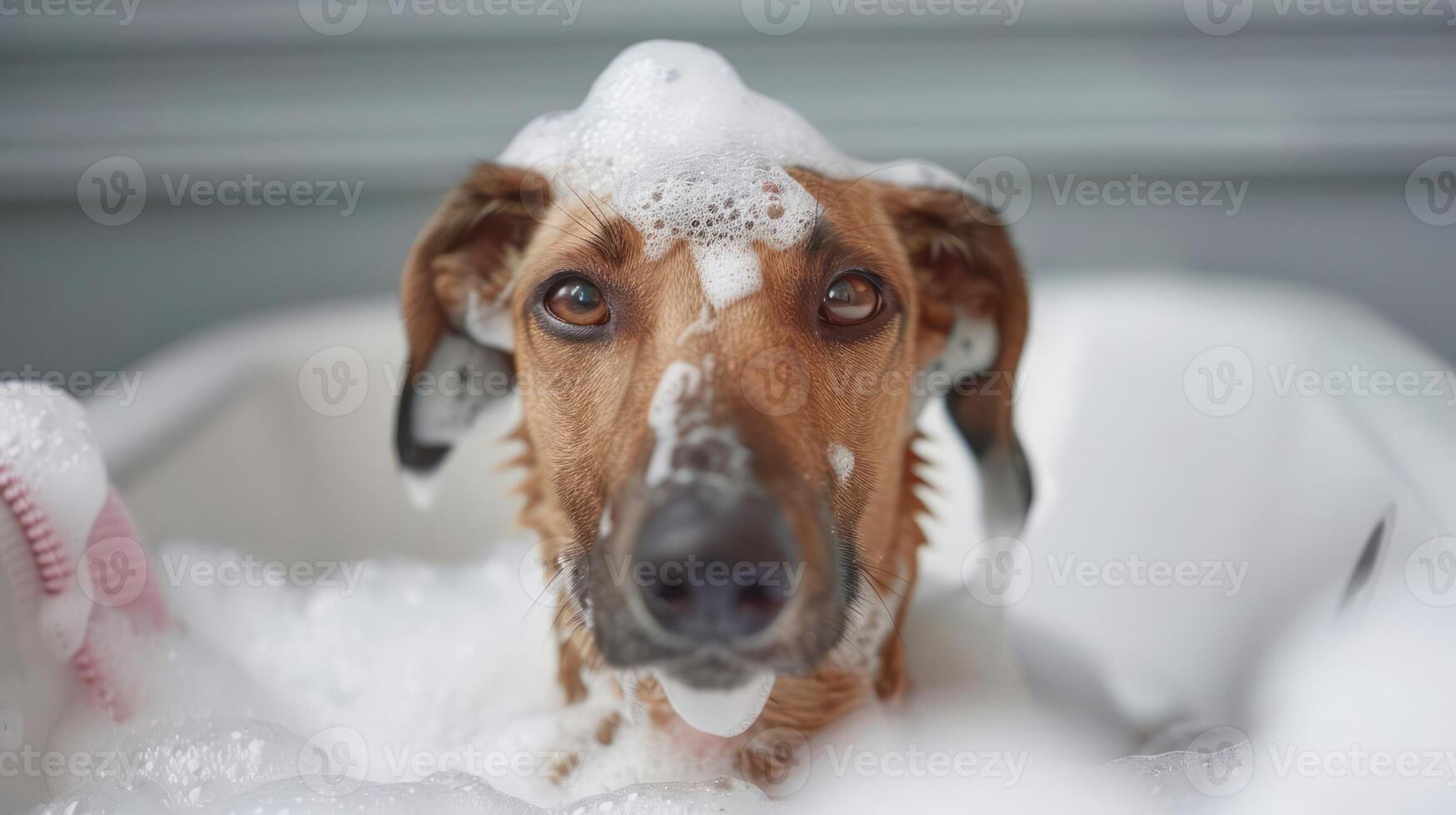 Dog enjoying a bubbly bath in a cozy bathroom with playful bubbles and soft lighting photo