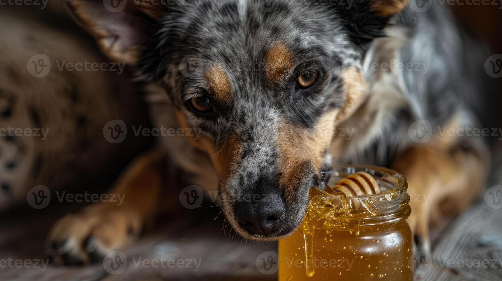 Dog enjoying honey from a jar, cozy indoor setting with soft lighting and rustic decor photo