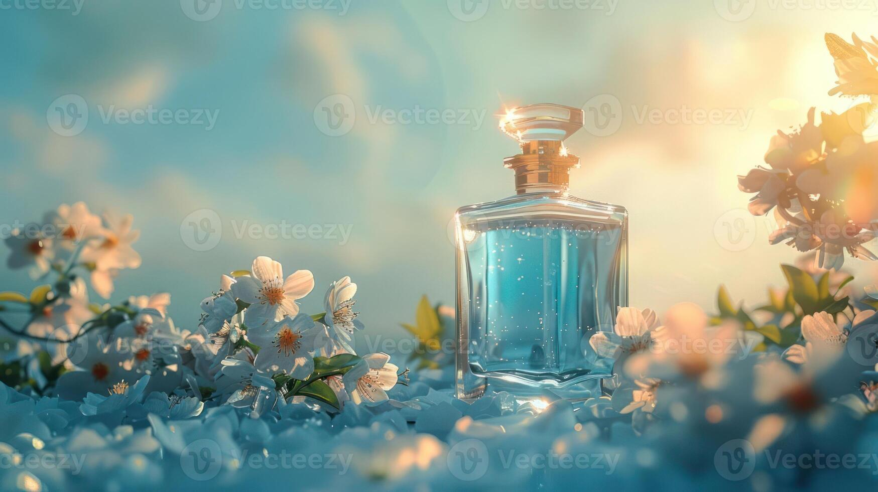 Elegant perfume bottle surrounded by blooming flowers under a serene sky at sunset photo