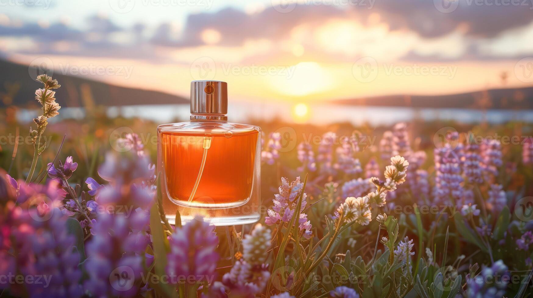 Elegant perfume bottle placed amidst vibrant flowers at sunset near a tranquil lake photo