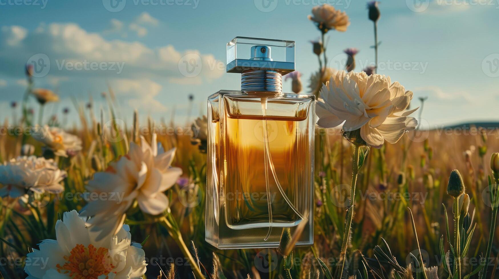 Elegant perfume bottle surrounded by blooming flowers in a sunlit field during golden hour photo