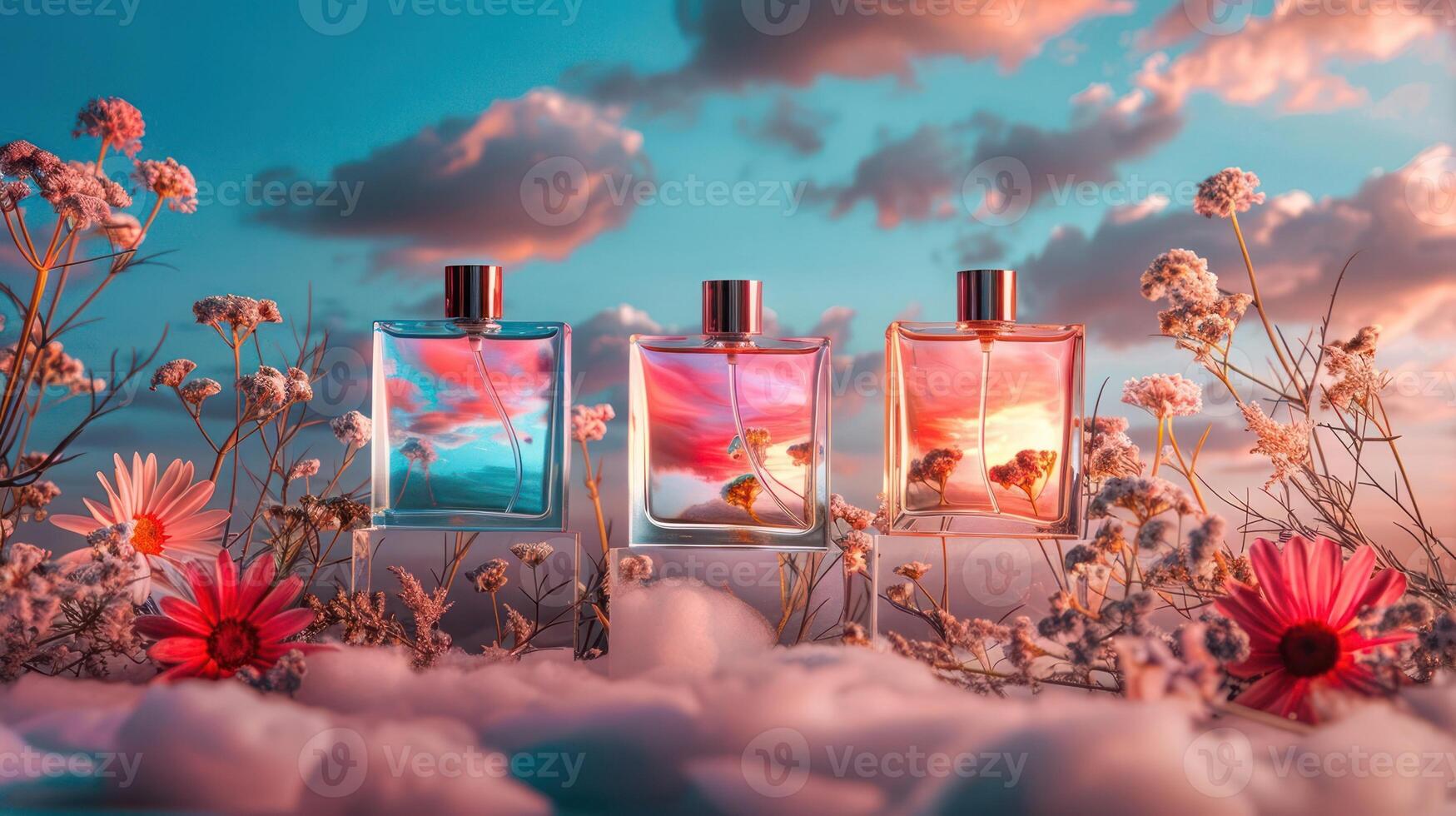 Three elegant perfume bottles surrounded by flowers and clouds at sunset, evoking tranquility photo