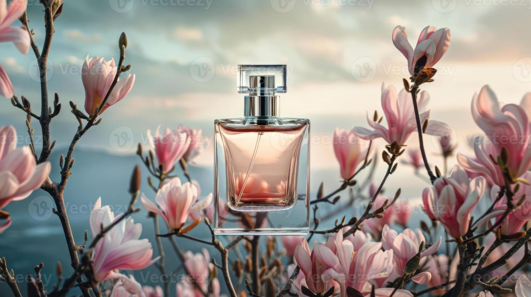 Elegant perfume bottle surrounded by blooming magnolia flowers against a serene sunset backdrop photo