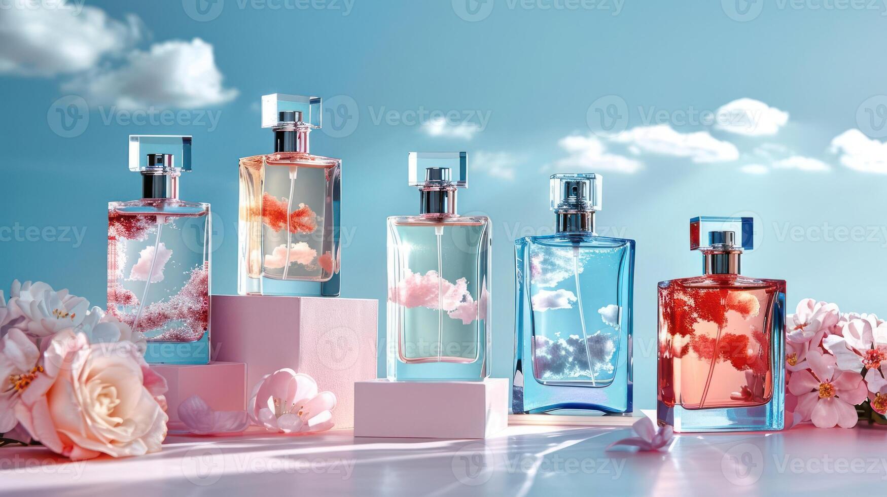 Colorful perfume bottles with floral designs against a bright sky, creating a serene atmosphere photo