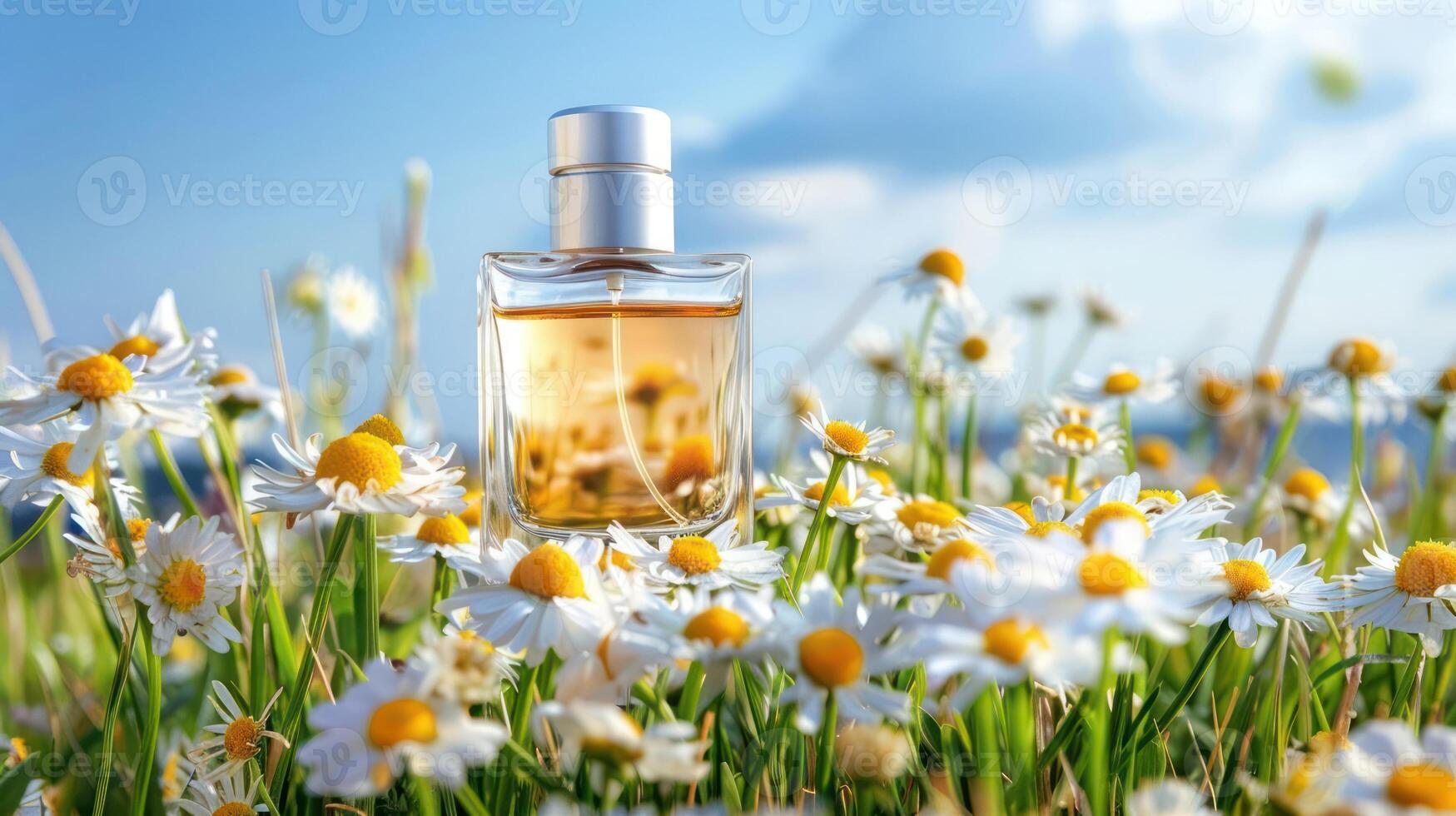 Fragrant perfume bottle surrounded by blooming daisies under a sunny sky in a vibrant meadow photo