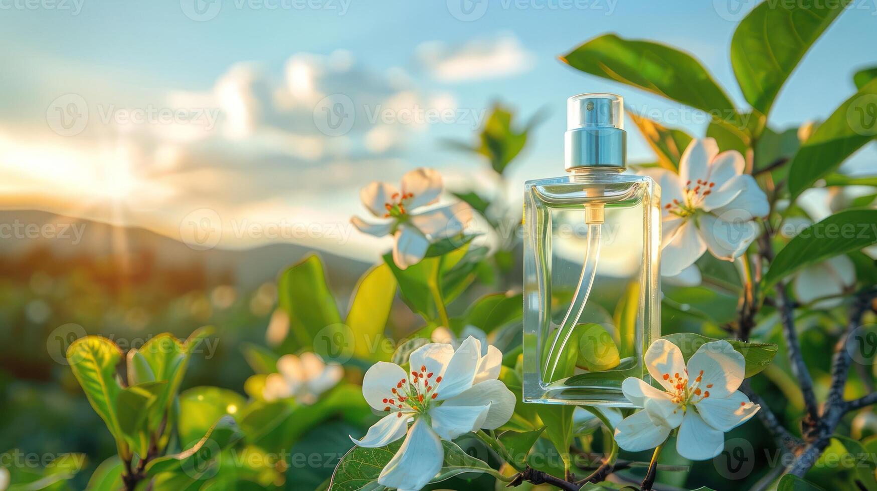 Elegant perfume bottle surrounded by blooming flowers at sunset in a serene outdoor setting photo