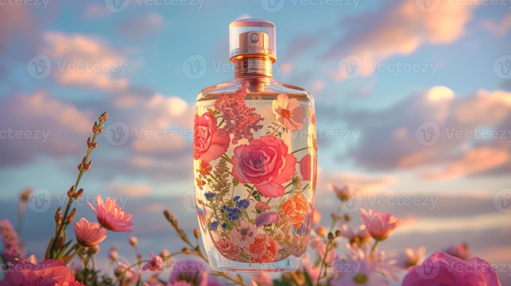 Elegant perfume bottle adorned with floral design, surrounded by vibrant flowers under a sunset sky photo