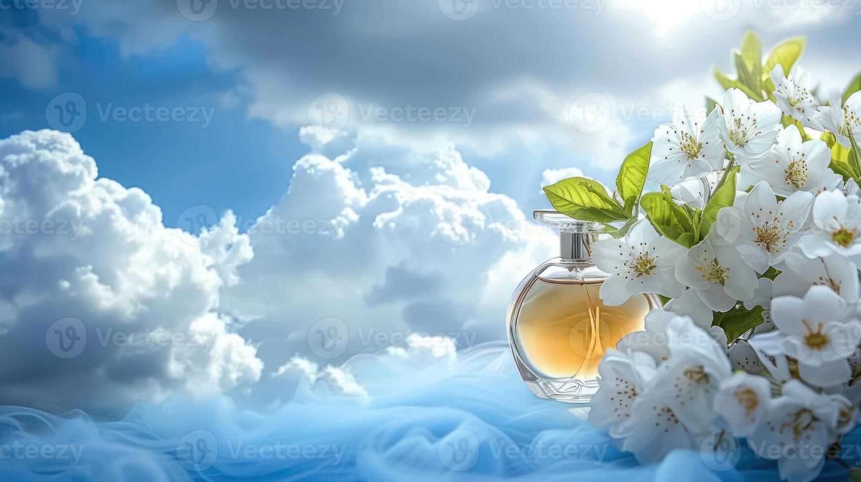Elegant perfume bottle surrounded by blooming flowers and soft clouds, evoking tranquility and beauty photo
