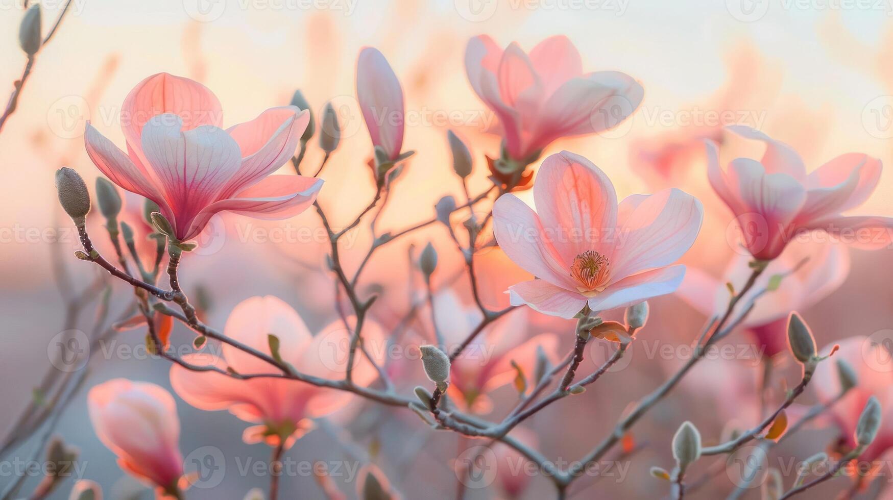 Delicate pink magnolia blossoms illuminated by soft sunset light against a serene backdrop photo