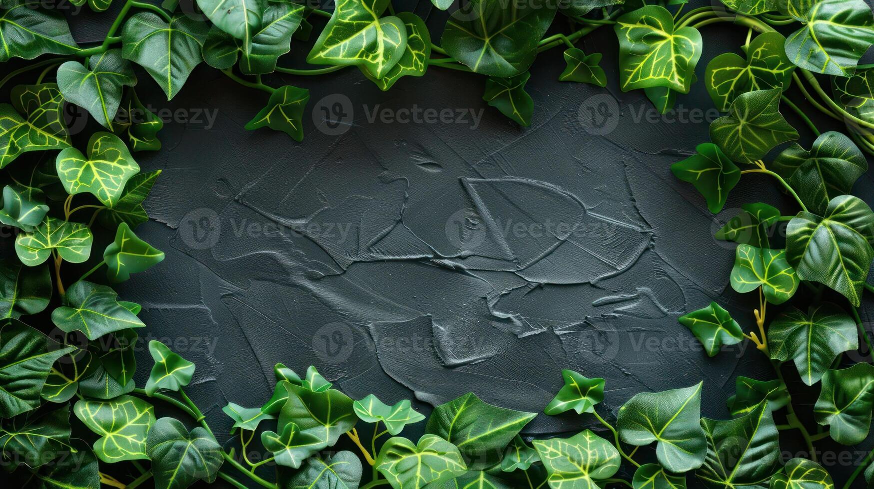 Lush green ivy leaves framing a textured dark surface with subtle markings, ideal for nature-themed designs photo