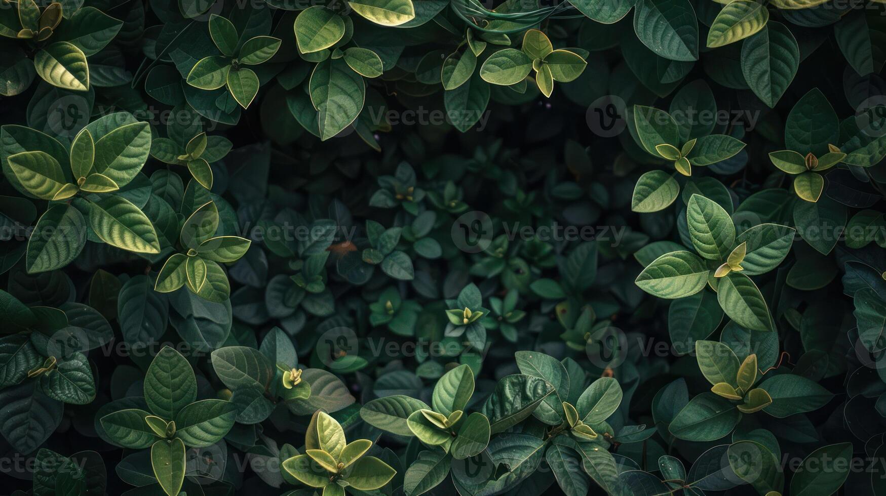 Aerial view of lush green leaves forming a natural frame around a dark center, symbolizing tranquility photo