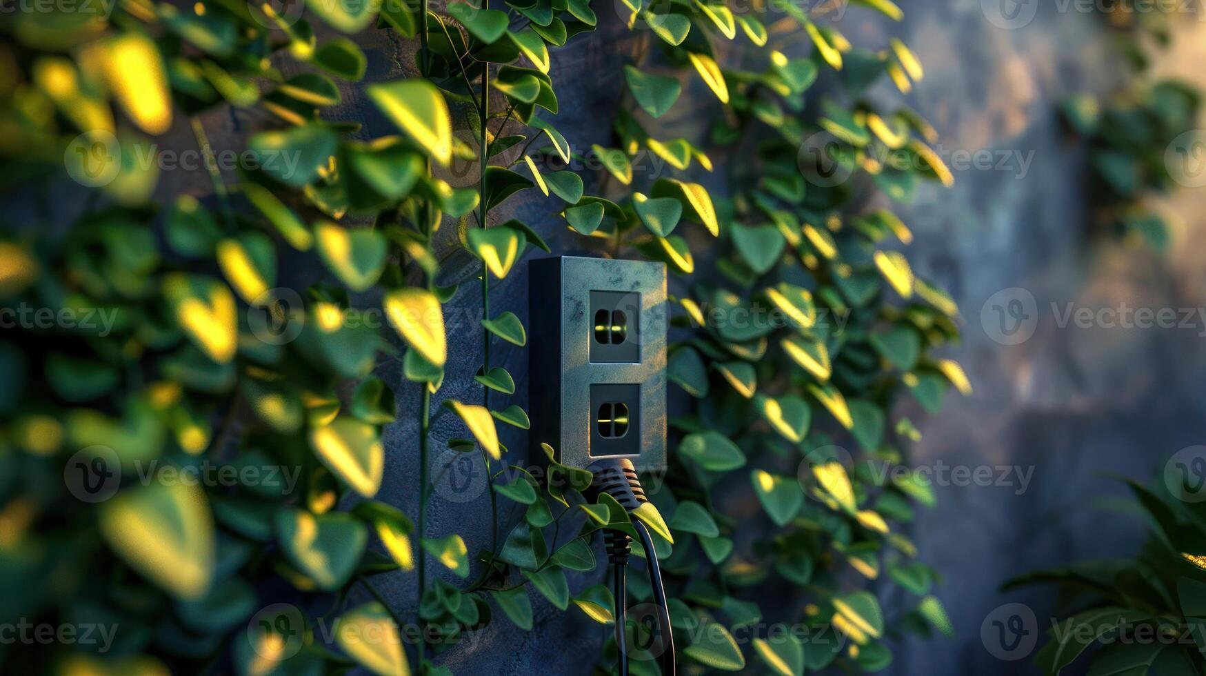 Power outlet surrounded by lush green vines on a textured wall in a serene environment photo