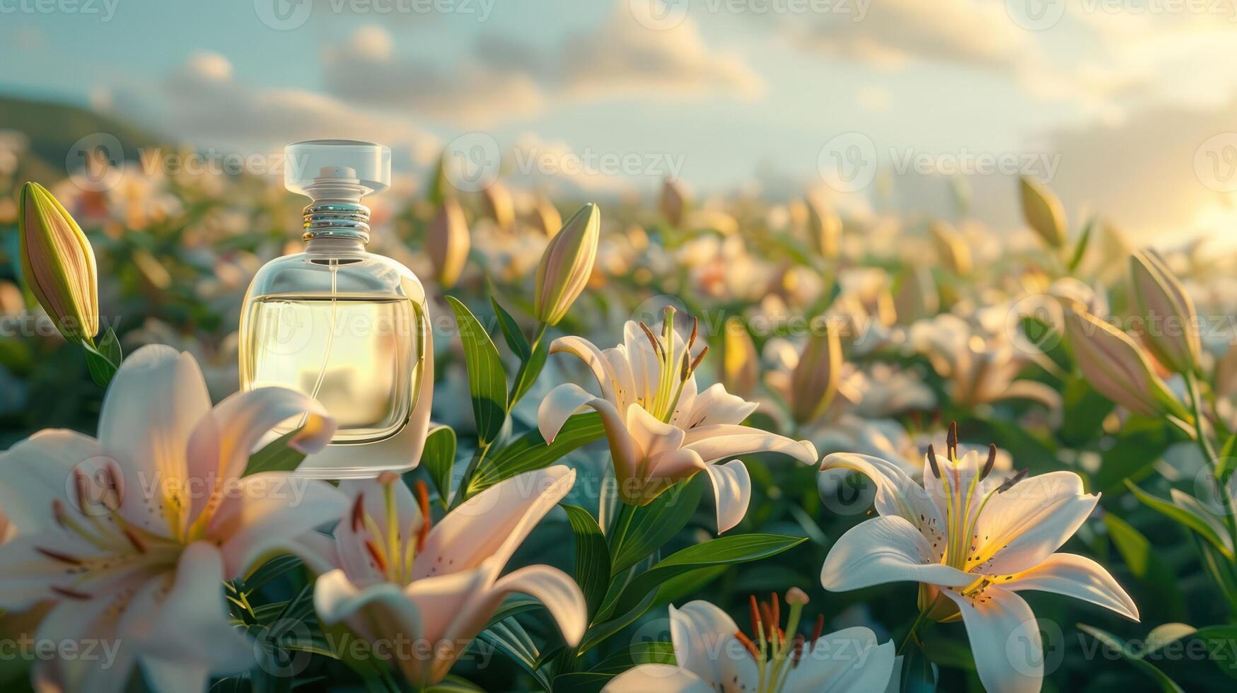 Elegant perfume bottle surrounded by blooming lilies in a sunlit floral field at sunset photo