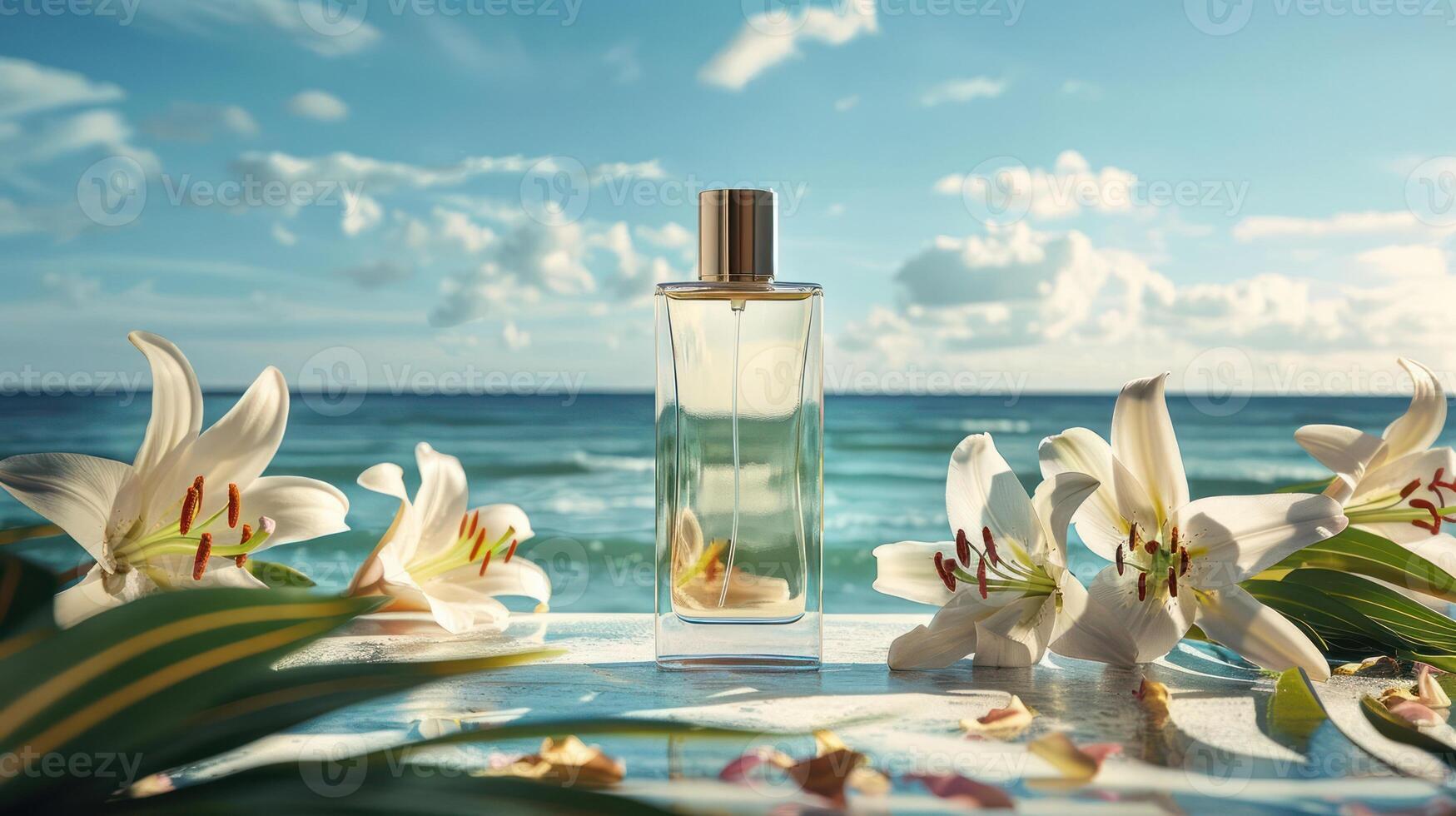 Elegant perfume bottle surrounded by white lilies on a beach with ocean waves and clouds photo