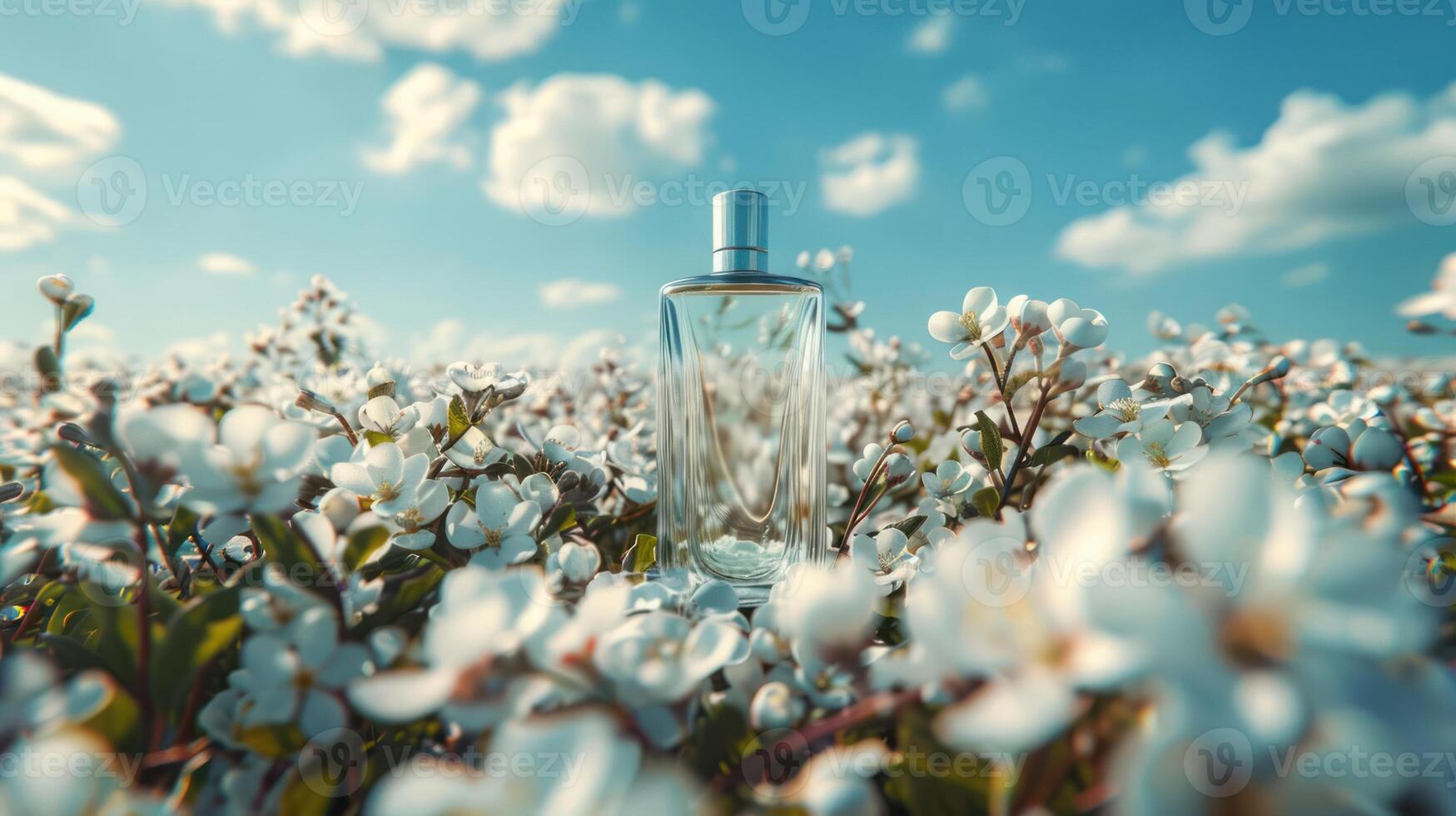 Fragrant glass bottle amidst blooming flowers under a bright blue sky, evoking serenity photo