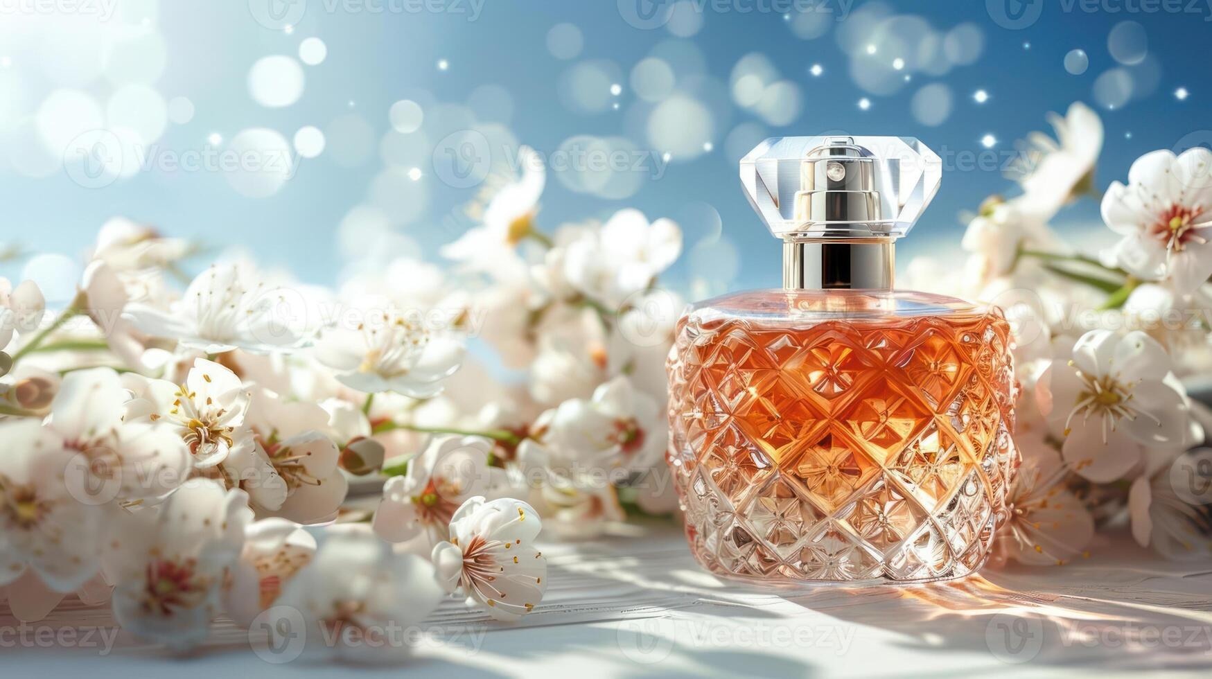 Elegant perfume bottle surrounded by delicate flowers with a soft, dreamy background photo