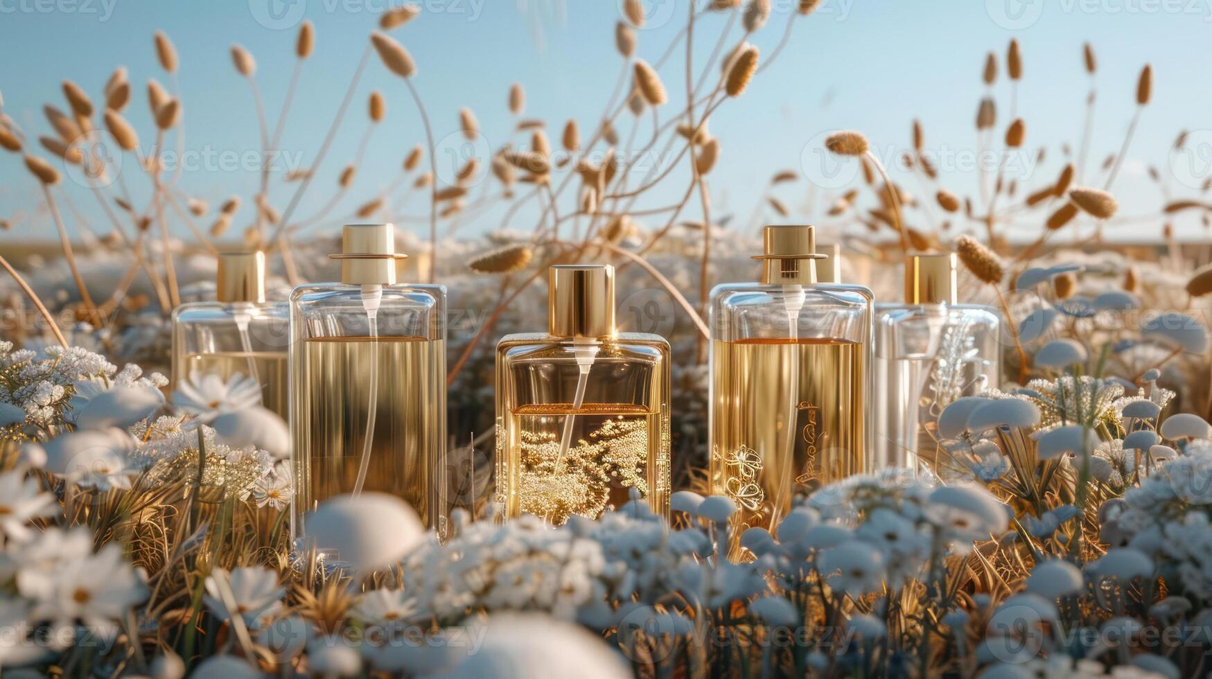 Elegant perfume bottles surrounded by delicate flowers in a serene natural setting at sunset photo