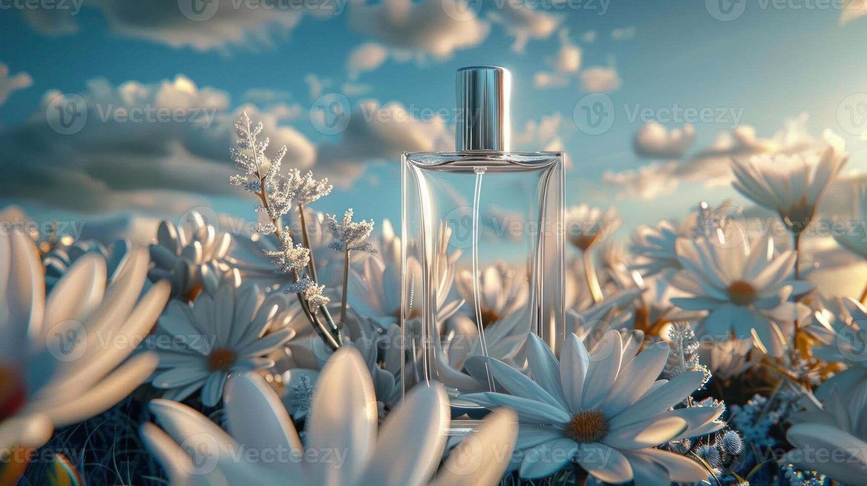 A clear perfume bottle surrounded by white daisies under a bright sky at sunset photo