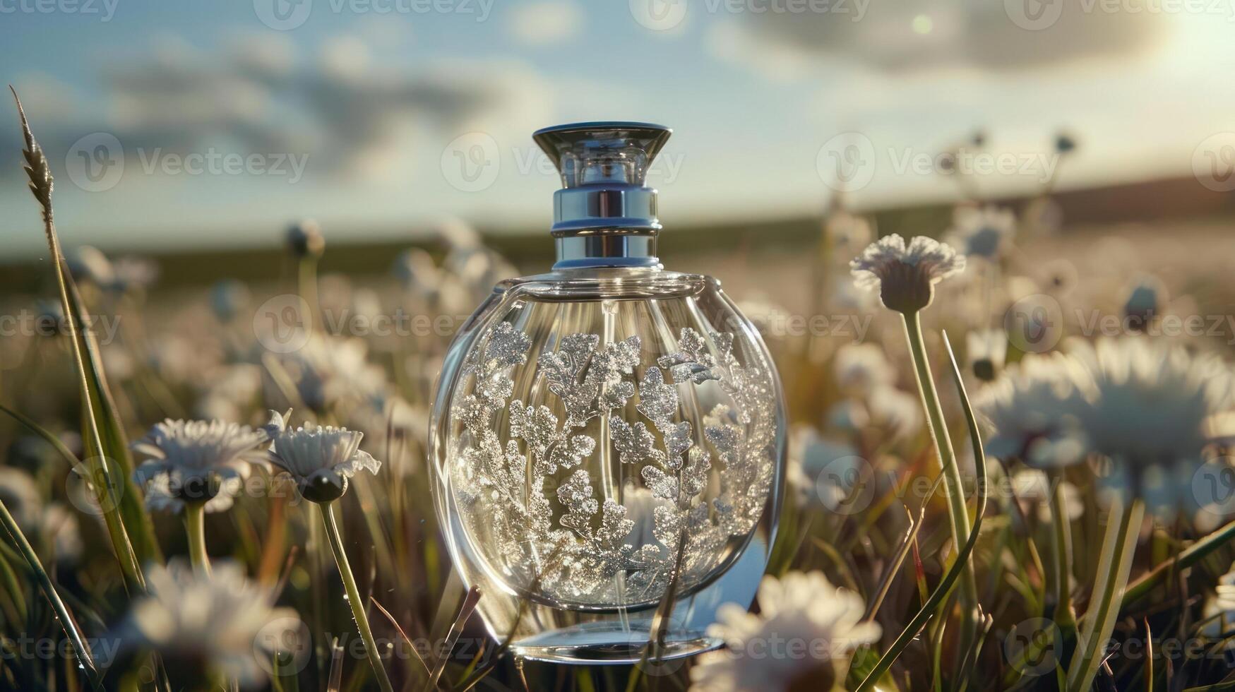 Elegant perfume bottle surrounded by blooming flowers under a sunset sky in a serene field photo
