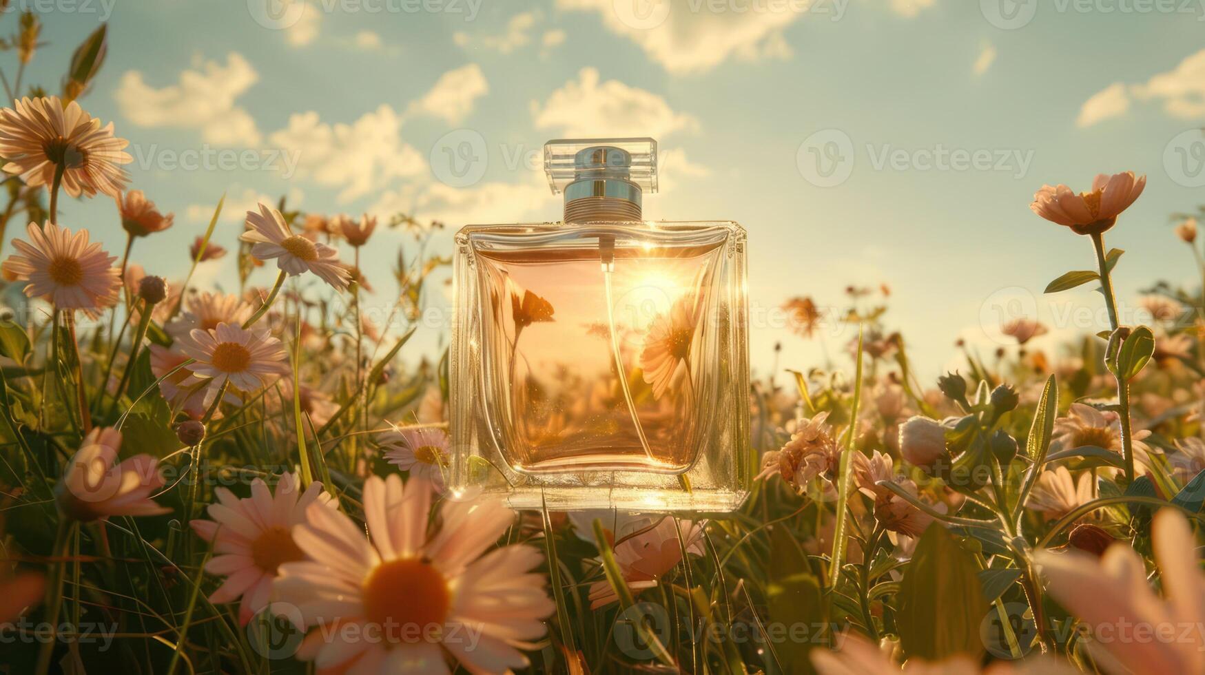 Fragrant perfume bottle glowing in a sunlit flower field during golden hour with clouds photo