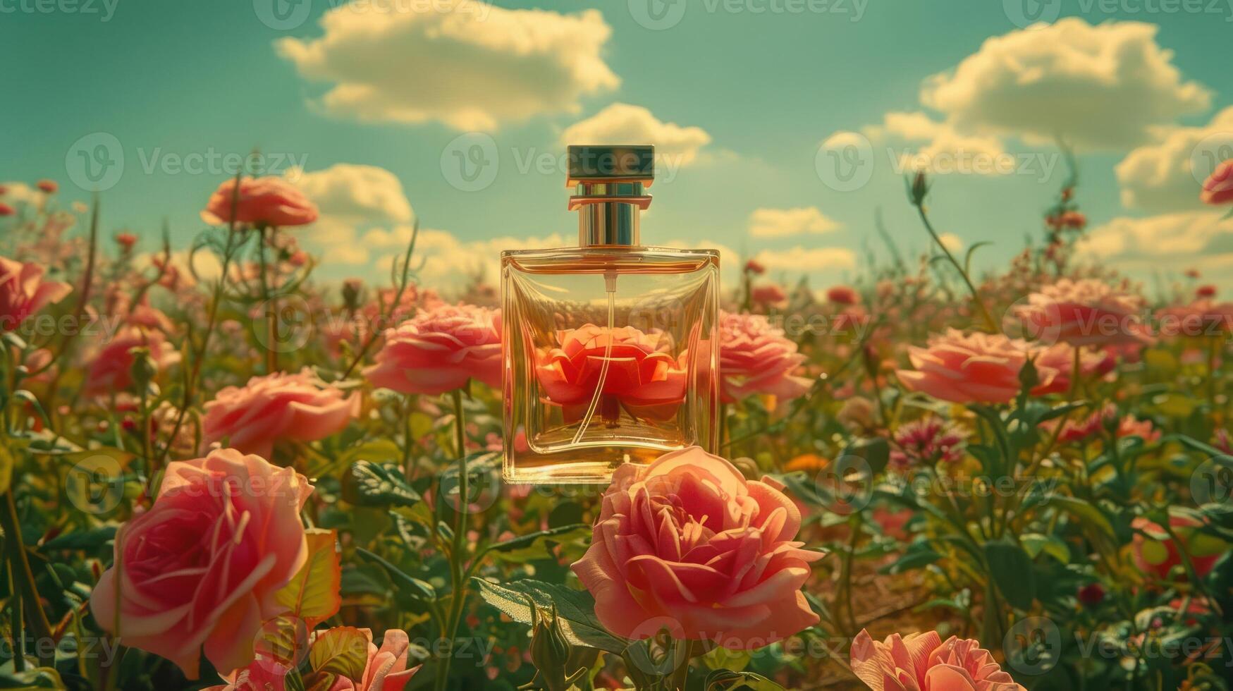 A captivating perfume bottle surrounded by blooming roses in a vibrant field under a blue sky photo